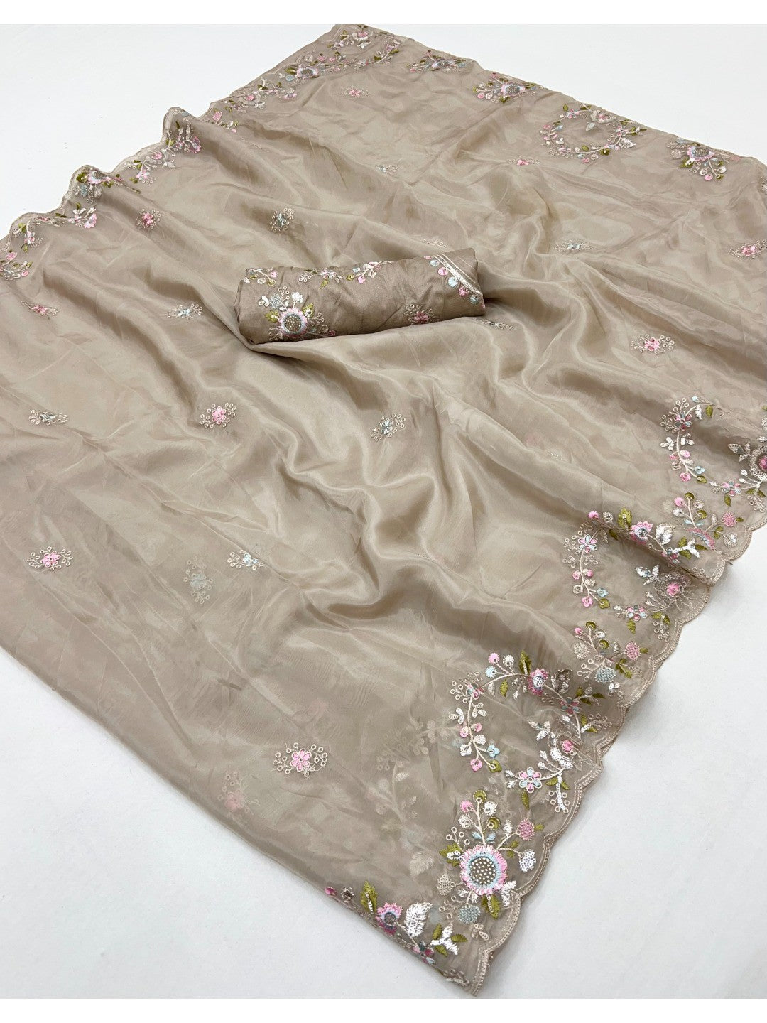 Graceful Chikoo Satin Saree Adorned With Floral Embroidery & Shimmering Sequins Work - Image 2