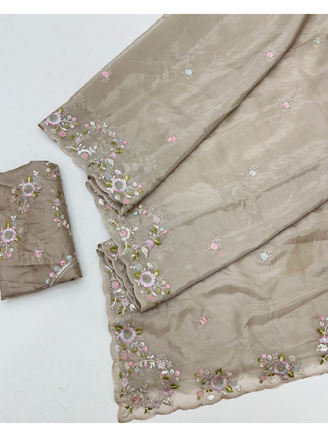 Graceful Chikoo Satin Saree Adorned With Floral Embroidery & Shimmering Sequins Work - Image 2