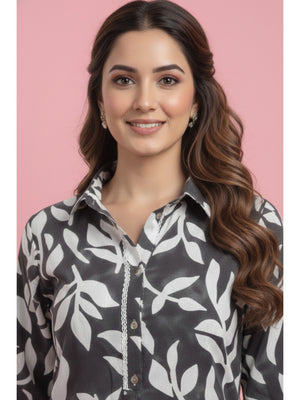 Grey Floral Printed Linen Straight Kurti with Minimalist Casual Style - Image 2