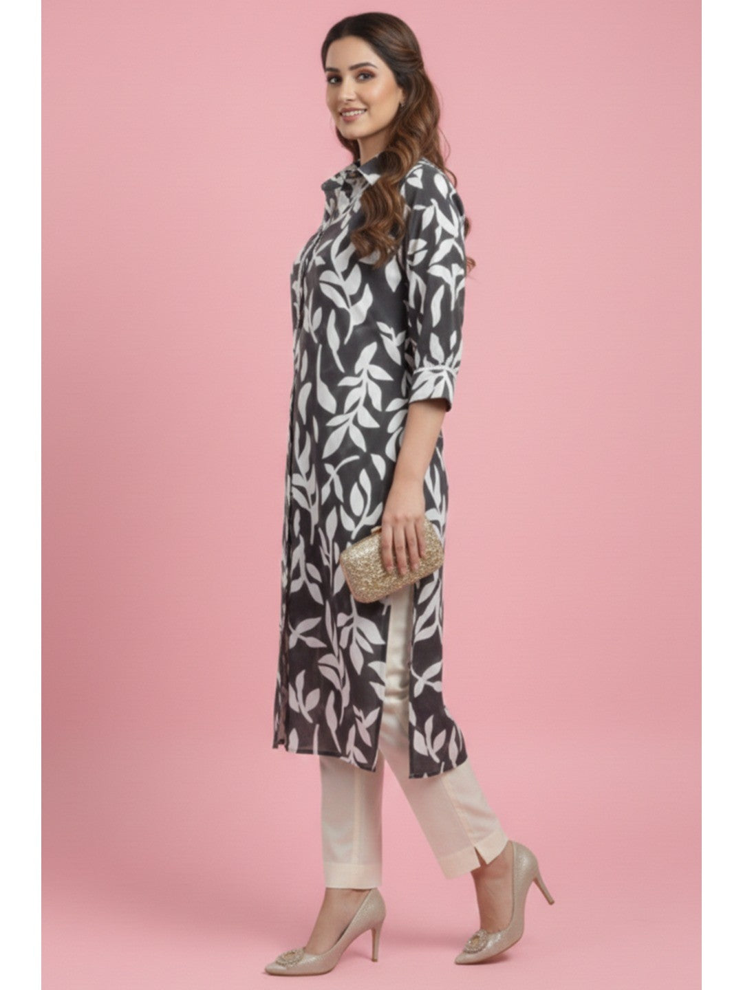 Grey Floral Printed Linen Straight Kurti with Minimalist Casual Style - Image 3