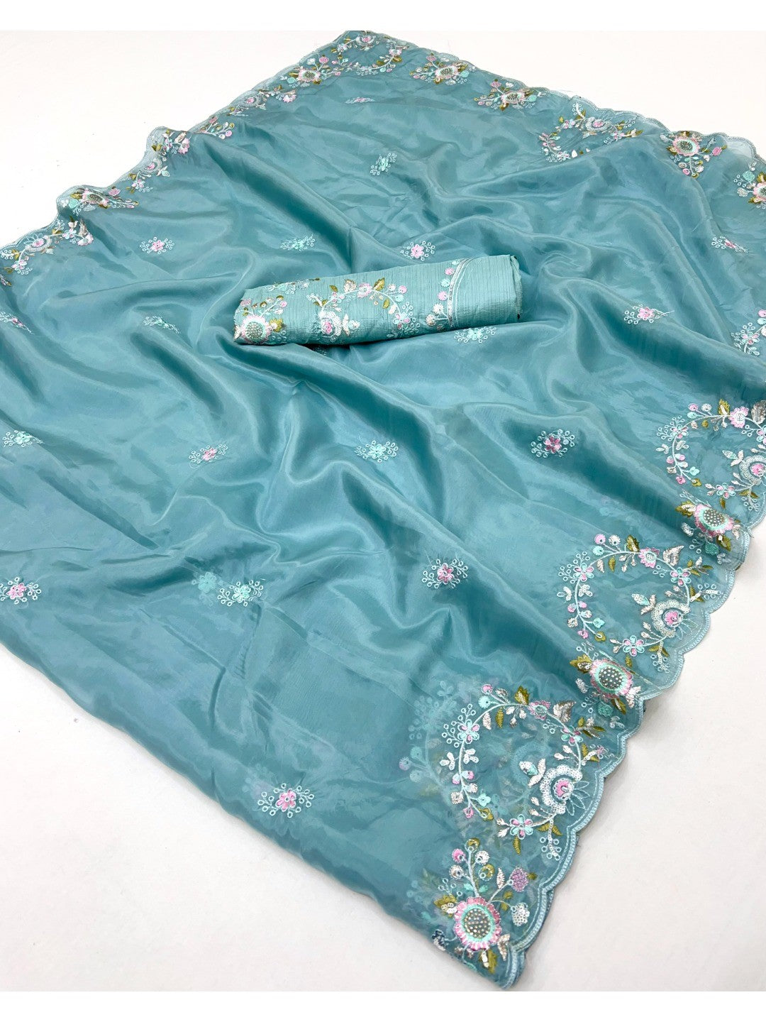 Graceful Blue Satin Saree Adorned With Floral Embroidery & Shimmering Sequins Work - Image 2