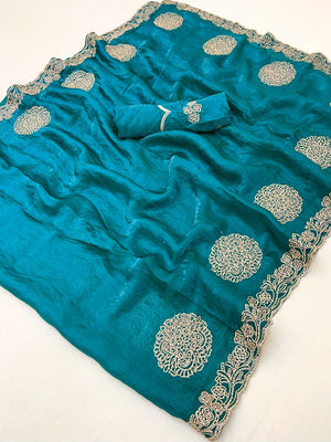 Elegant Teal Blue Organza Satin Silk Saree Adorned With Fine Embroidery & Swarovski Work - Image 2