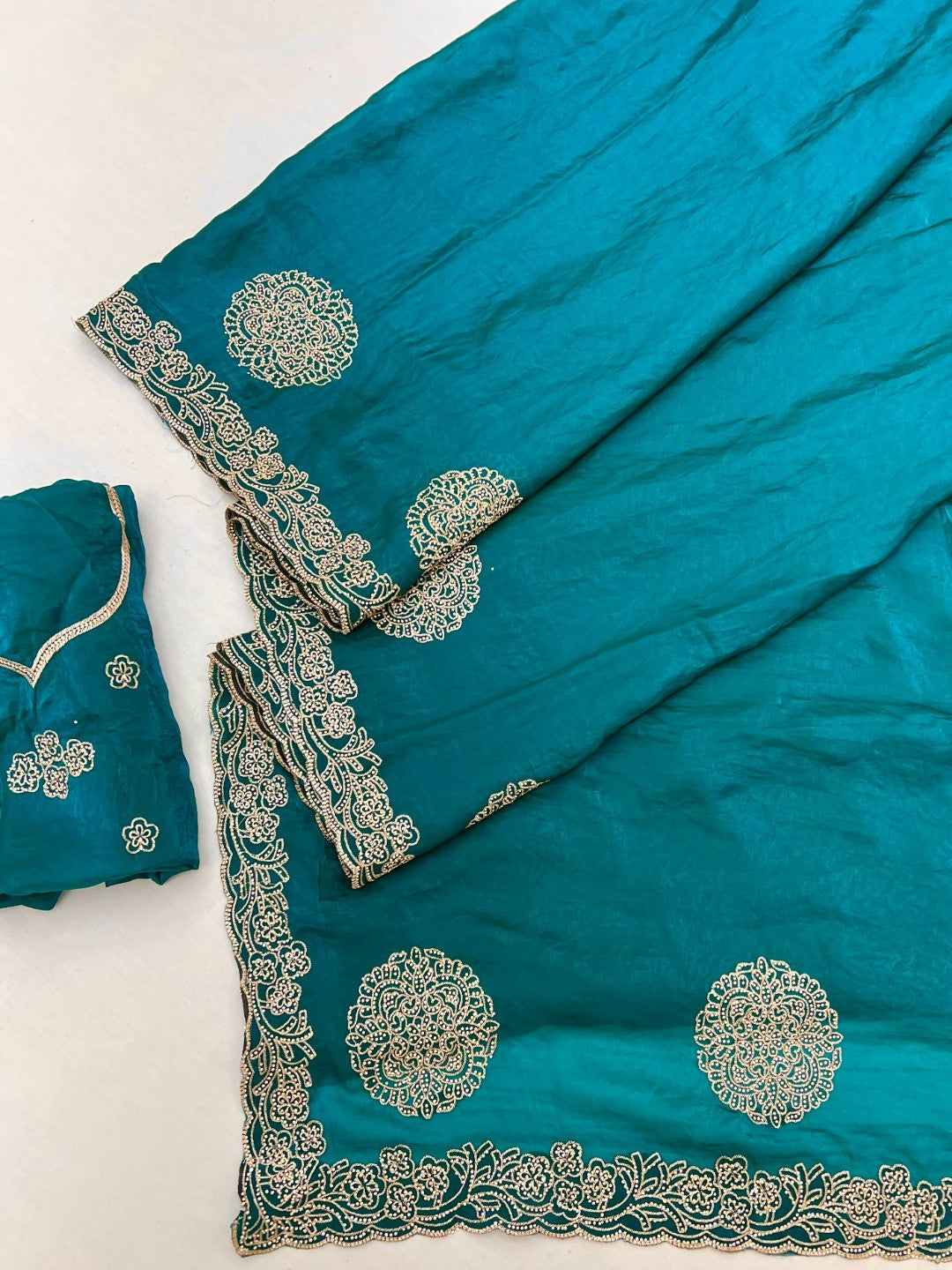 Elegant Teal Blue Organza Satin Silk Saree Adorned With Fine Embroidery & Swarovski Work - Image 3