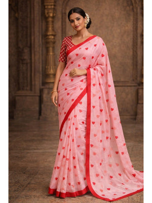 Pink Digital Printed Linen Saree with Pink Heart Motifs - Image 1