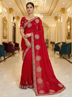 Elegant Red Organza Satin Silk Saree Adorned With Fine Embroidery & Swarovski Work - Image 1
