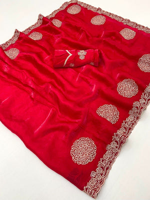 Elegant Red Organza Satin Silk Saree Adorned With Fine Embroidery & Swarovski Work - Image 2