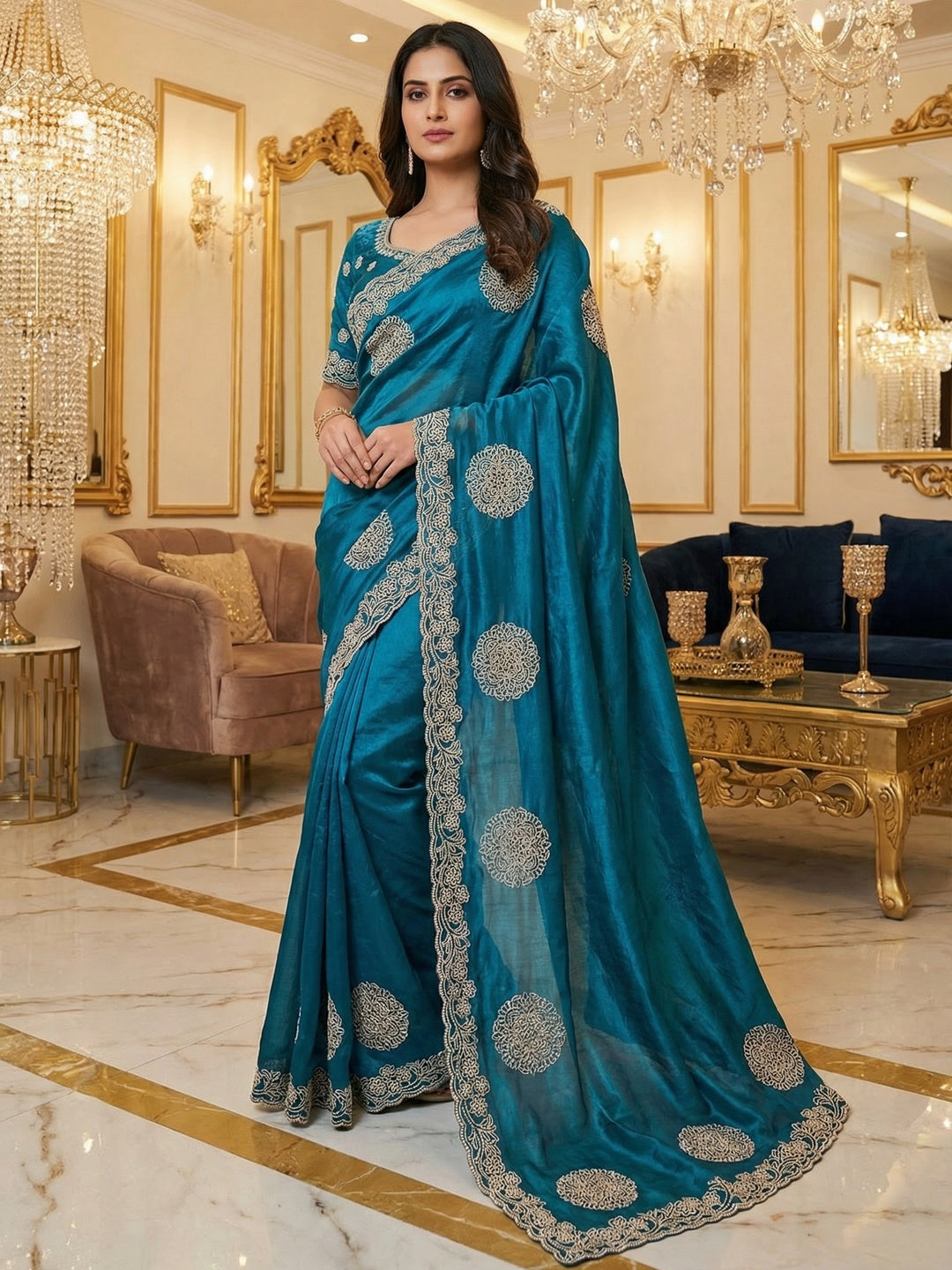 Elegant Morpich Blue Organza Satin Silk Saree Adorned With Fine Embroidery & Swarovski Work - Image 1