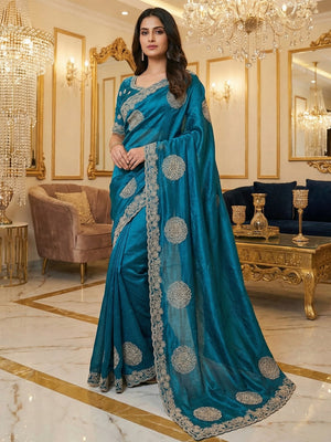 Elegant Morpich Blue Organza Satin Silk Saree Adorned With Fine Embroidery & Swarovski Work - Image 1