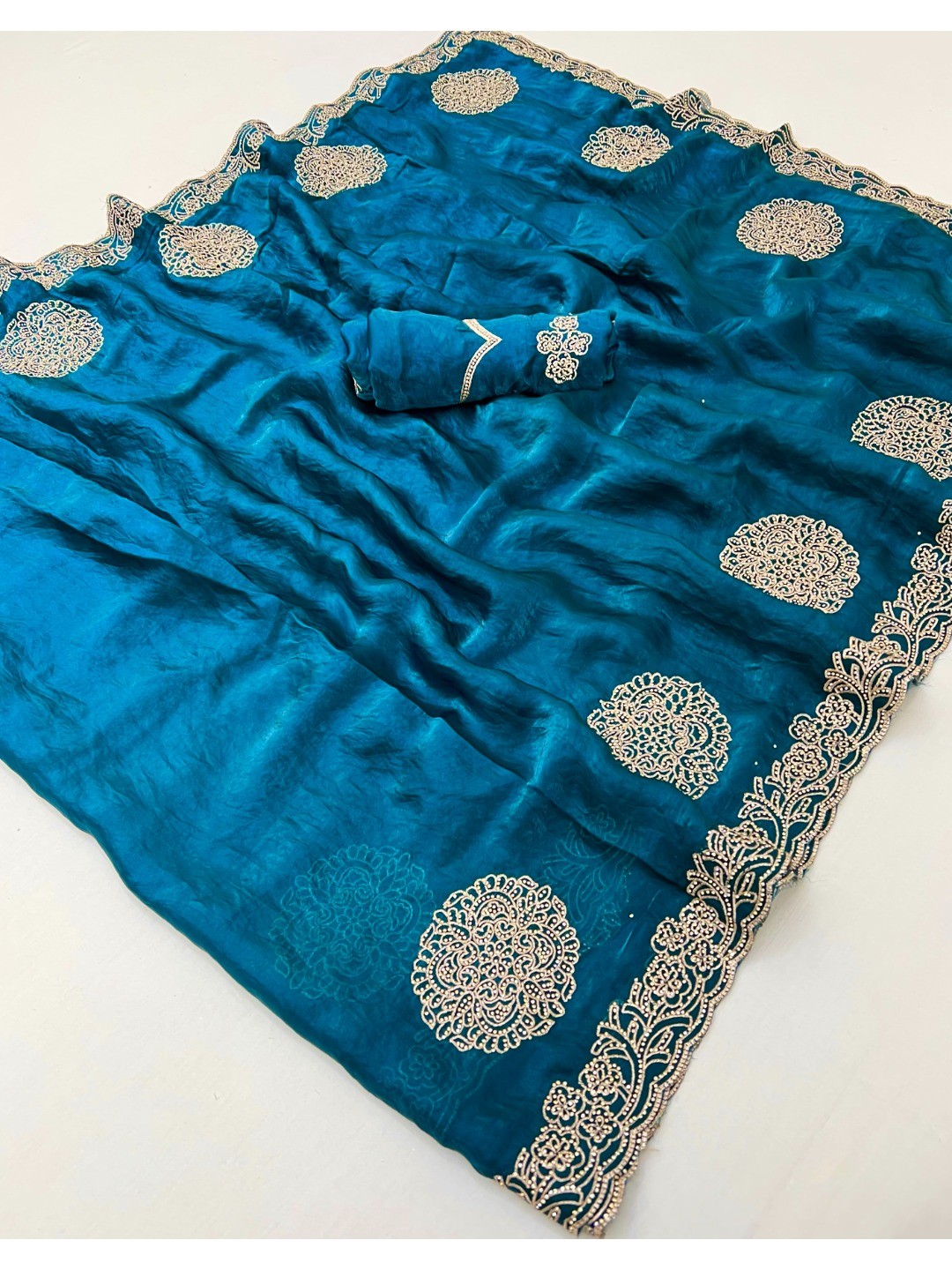 Elegant Morpich Blue Organza Satin Silk Saree Adorned With Fine Embroidery & Swarovski Work - Image 3
