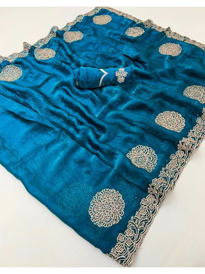 Elegant Morpich Blue Organza Satin Silk Saree Adorned With Fine Embroidery & Swarovski Work - Image 2