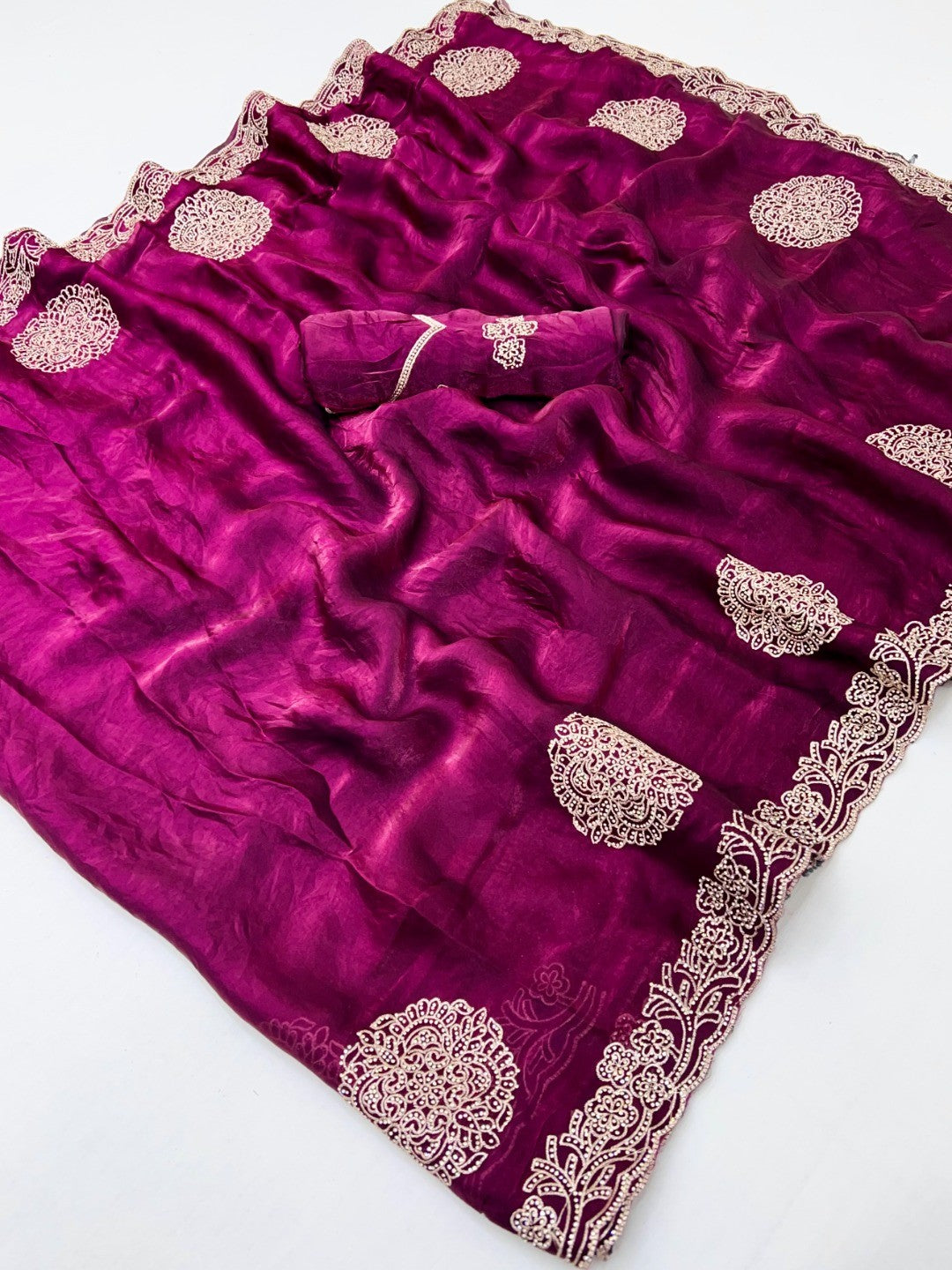 Elegant Wine Organza Satin Silk Saree Adorned With Fine Embroidery & Swarovski Work - Image 2