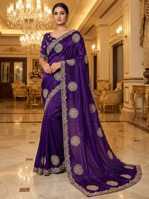 Elegant Purple Organza Satin Silk Saree Adorned With Fine Embroidery & Swarovski Work - Image 1