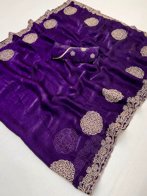 Elegant Purple Organza Satin Silk Saree Adorned With Fine Embroidery & Swarovski Work - Image 2