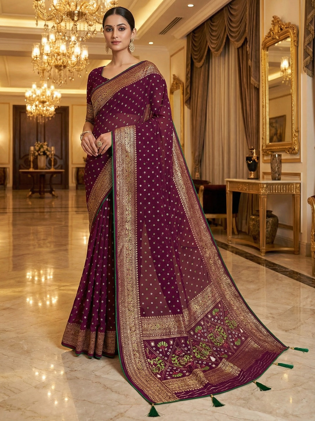 Luxurious Wine Bandhani Foil Printed Viscose Saree for Traditional Functions and Parties - Image 1