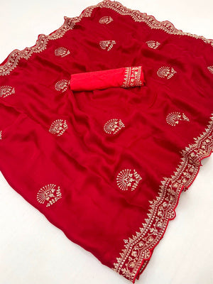 Glamorous Red Floral Motif Chiffon Saree Featuring Intricate Cording Embroidery - Image 2