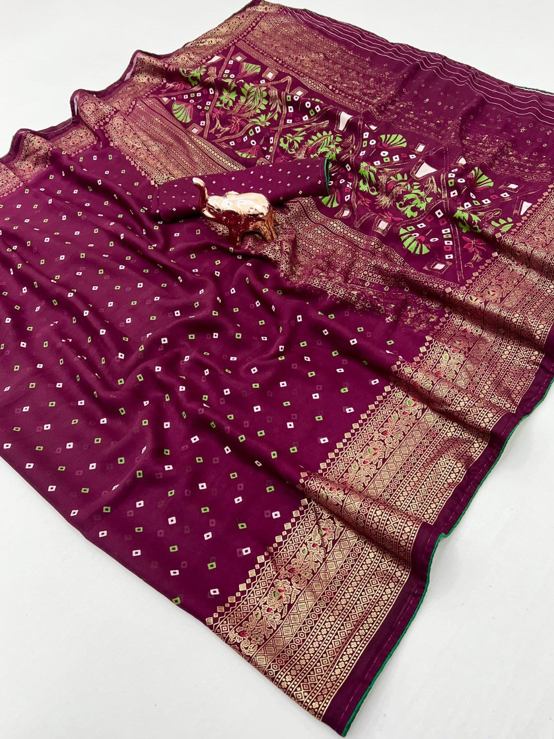 Luxurious Wine Bandhani Foil Printed Viscose Saree for Traditional Functions and Parties - Image 2