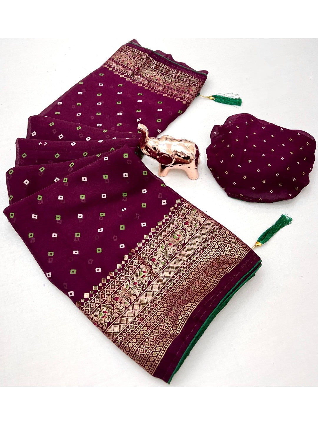 Luxurious Wine Bandhani Foil Printed Viscose Saree for Traditional Functions and Parties - Image 3