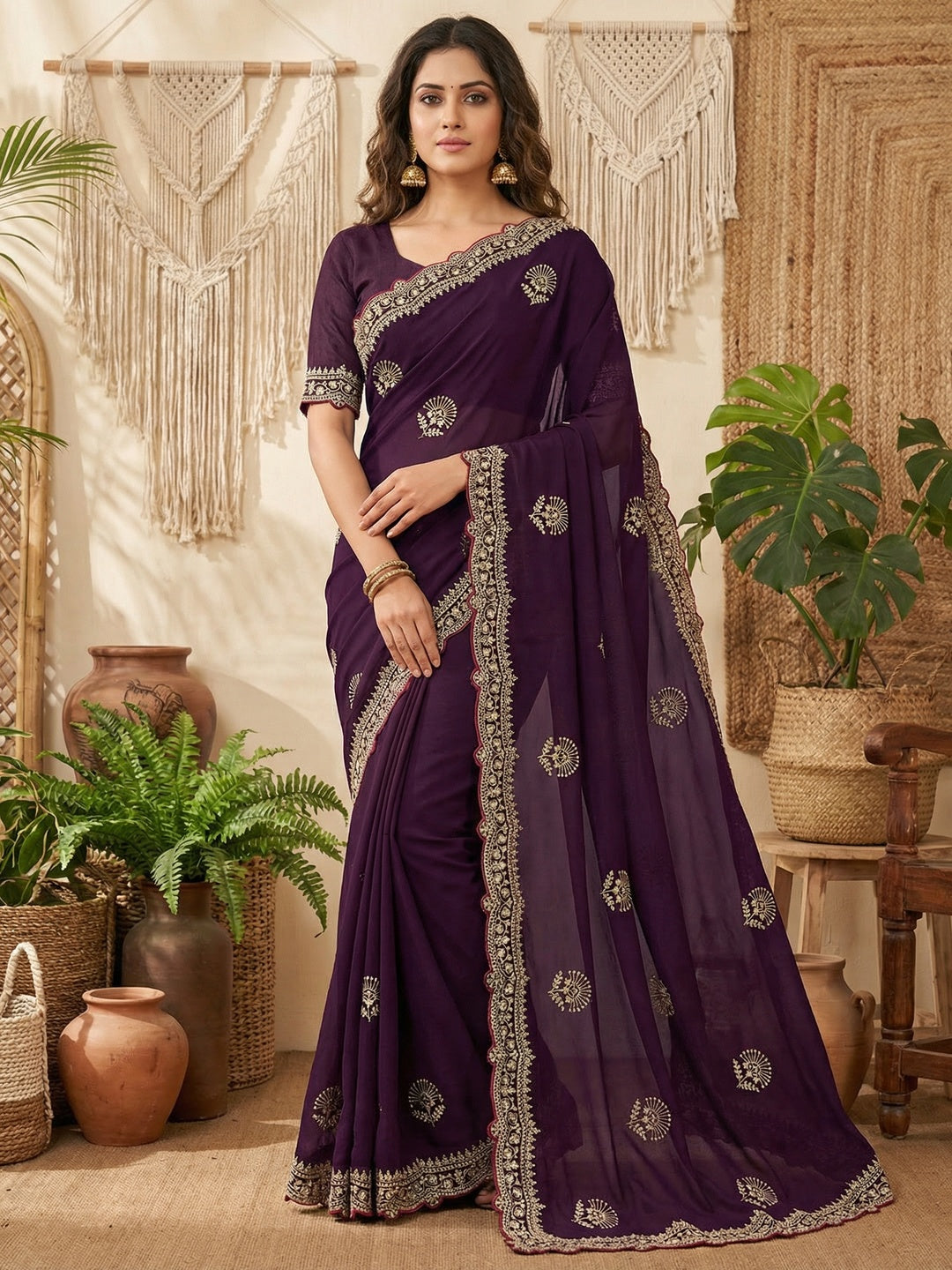 Glamorous Dark Wine Floral Motif Chiffon Saree Featuring Intricate Cording Embroidery - Image 1