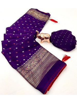 Luxurious Purple Bandhani Foil Printed Viscose Saree for Traditional Functions and Parties - Image 2