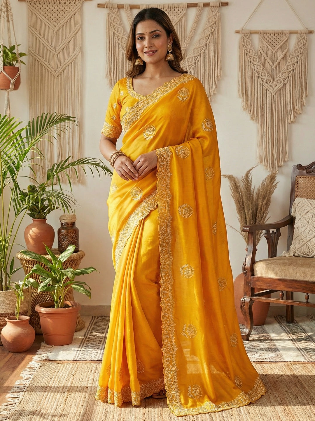 Glamorous Mustard Floral Motif Chiffon Saree Featuring Intricate Cording Embroidery - Image 1