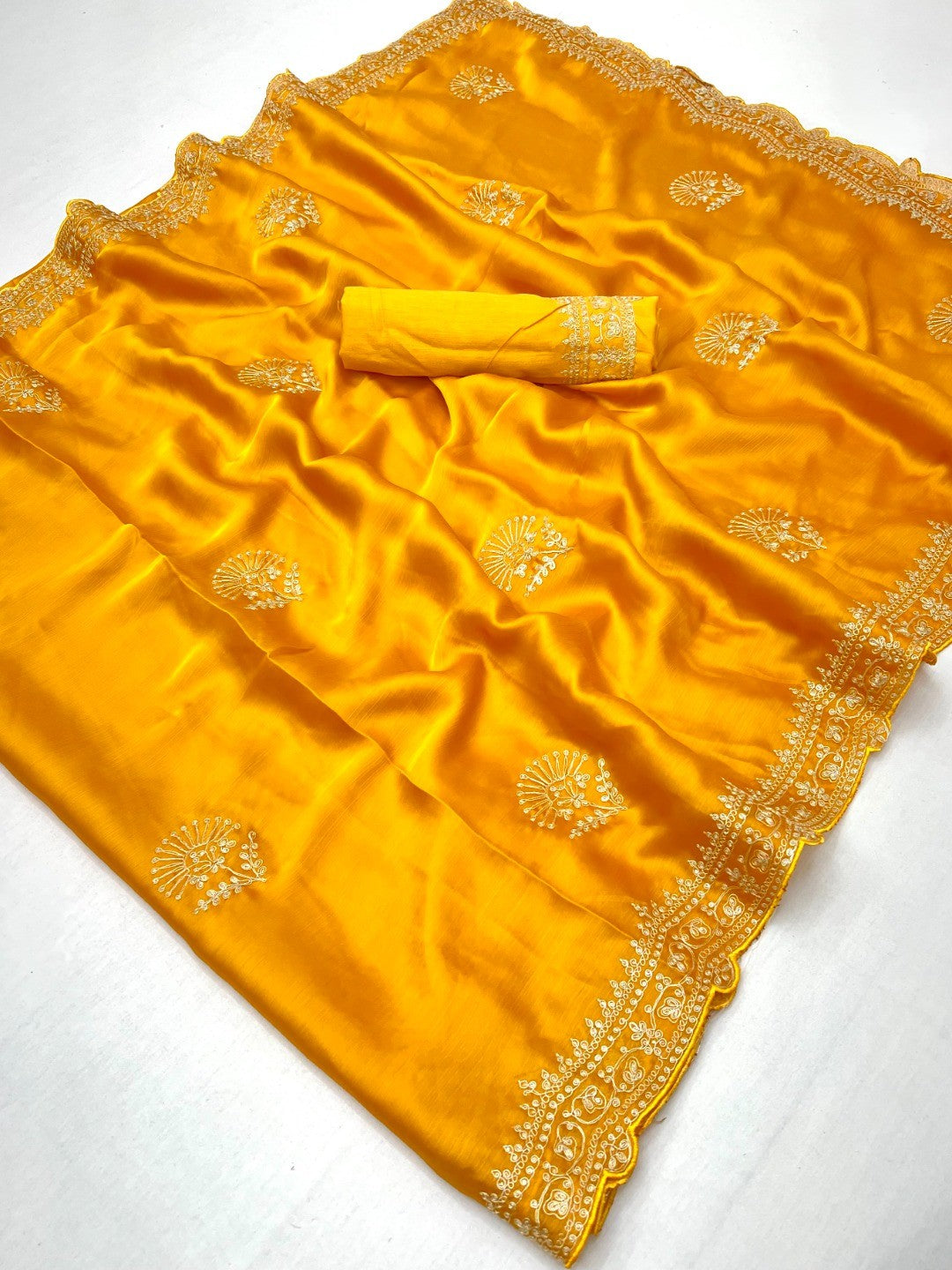 Glamorous Mustard Floral Motif Chiffon Saree Featuring Intricate Cording Embroidery - Image 3