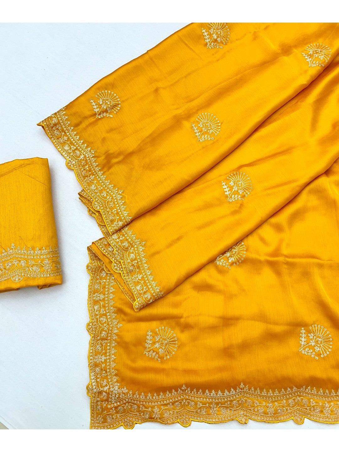 Glamorous Mustard Floral Motif Chiffon Saree Featuring Intricate Cording Embroidery - Image 3