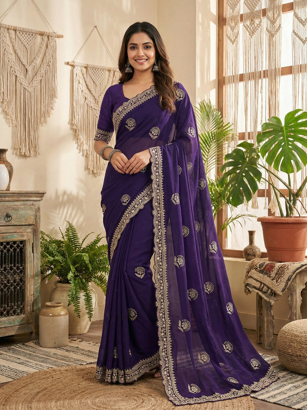 Glamorous Purple Floral Motif Chiffon Saree Featuring Intricate Cording Embroidery - Image 1