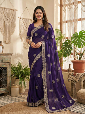 Glamorous Purple Floral Motif Chiffon Saree Featuring Intricate Cording Embroidery - Image 1