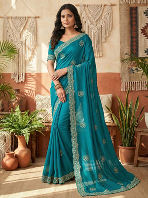 Glamorous Rama Blue Floral Motif Chiffon Saree Featuring Intricate Cording Embroidery - Image 1