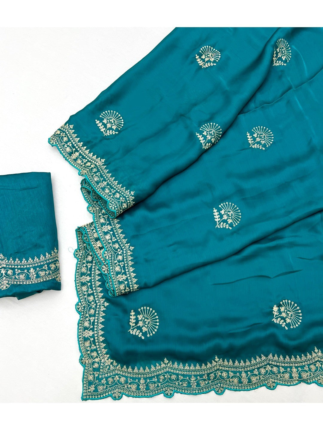 Glamorous Rama Blue Floral Motif Chiffon Saree Featuring Intricate Cording Embroidery - Image 2