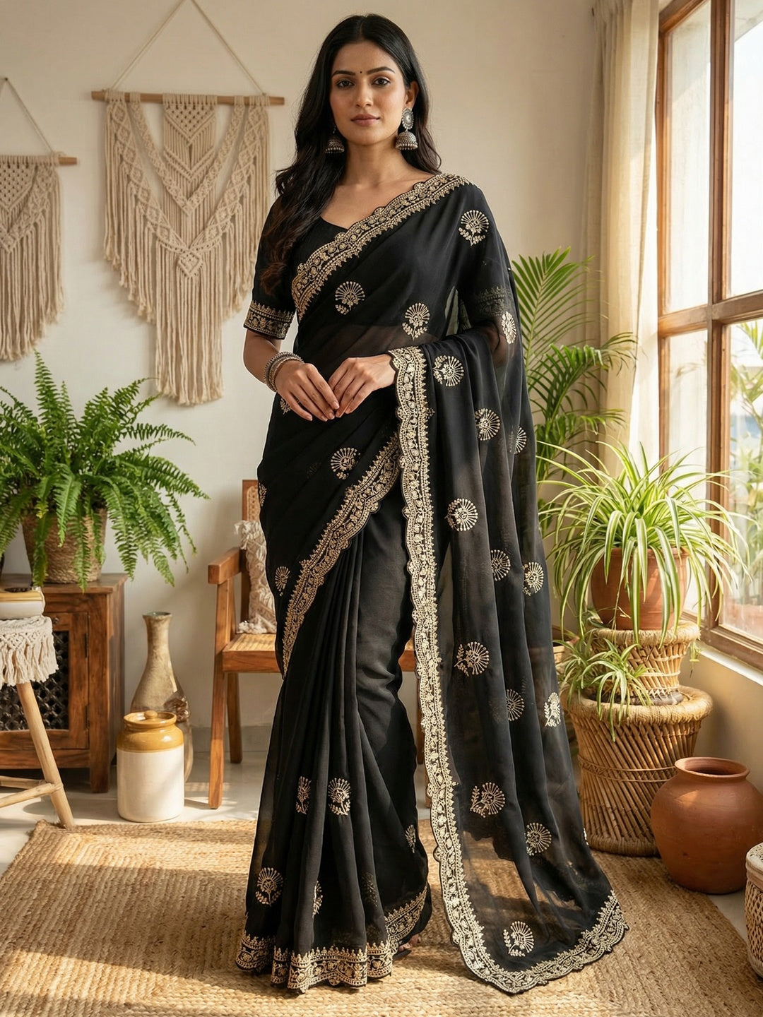 Glamorous Black Floral Motif Chiffon Saree Featuring Intricate Cording Embroidery - Image 1