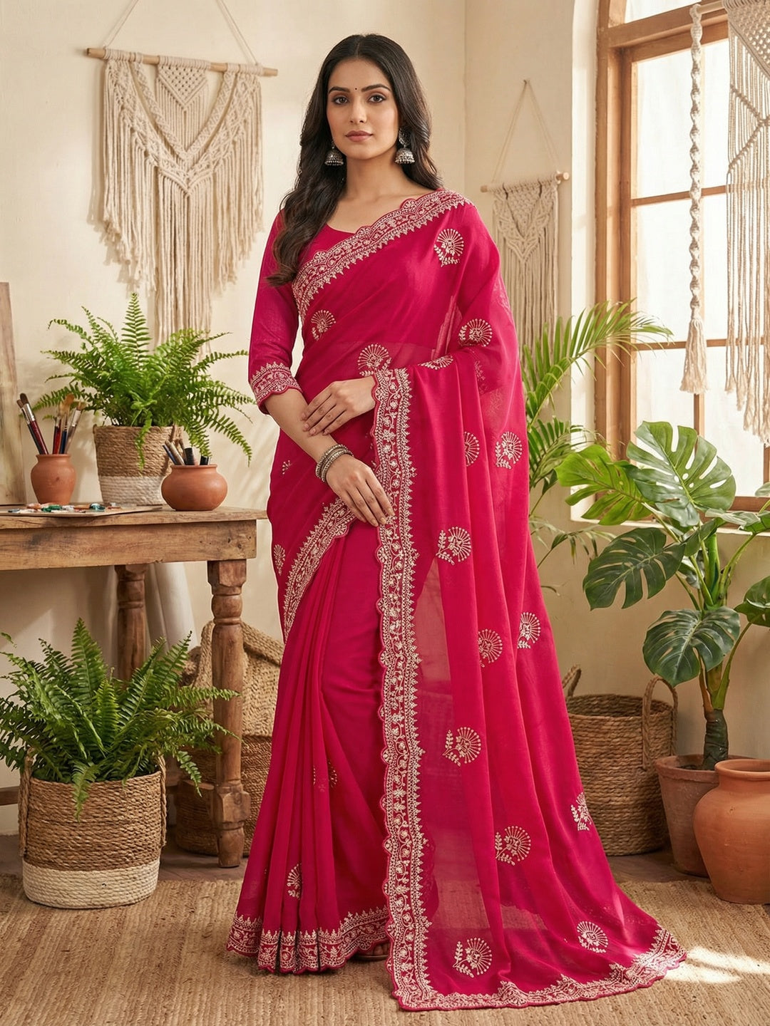 Glamorous Pink Floral Motif Chiffon Saree Featuring Intricate Cording Embroidery - Image 1