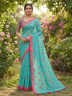 Turquoise Digital Printed Linen Saree with Pink Heart Motifs - Image 1