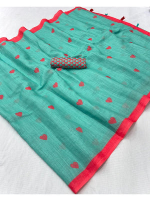 Turquoise Digital Printed Linen Saree with Pink Heart Motifs - Image 2