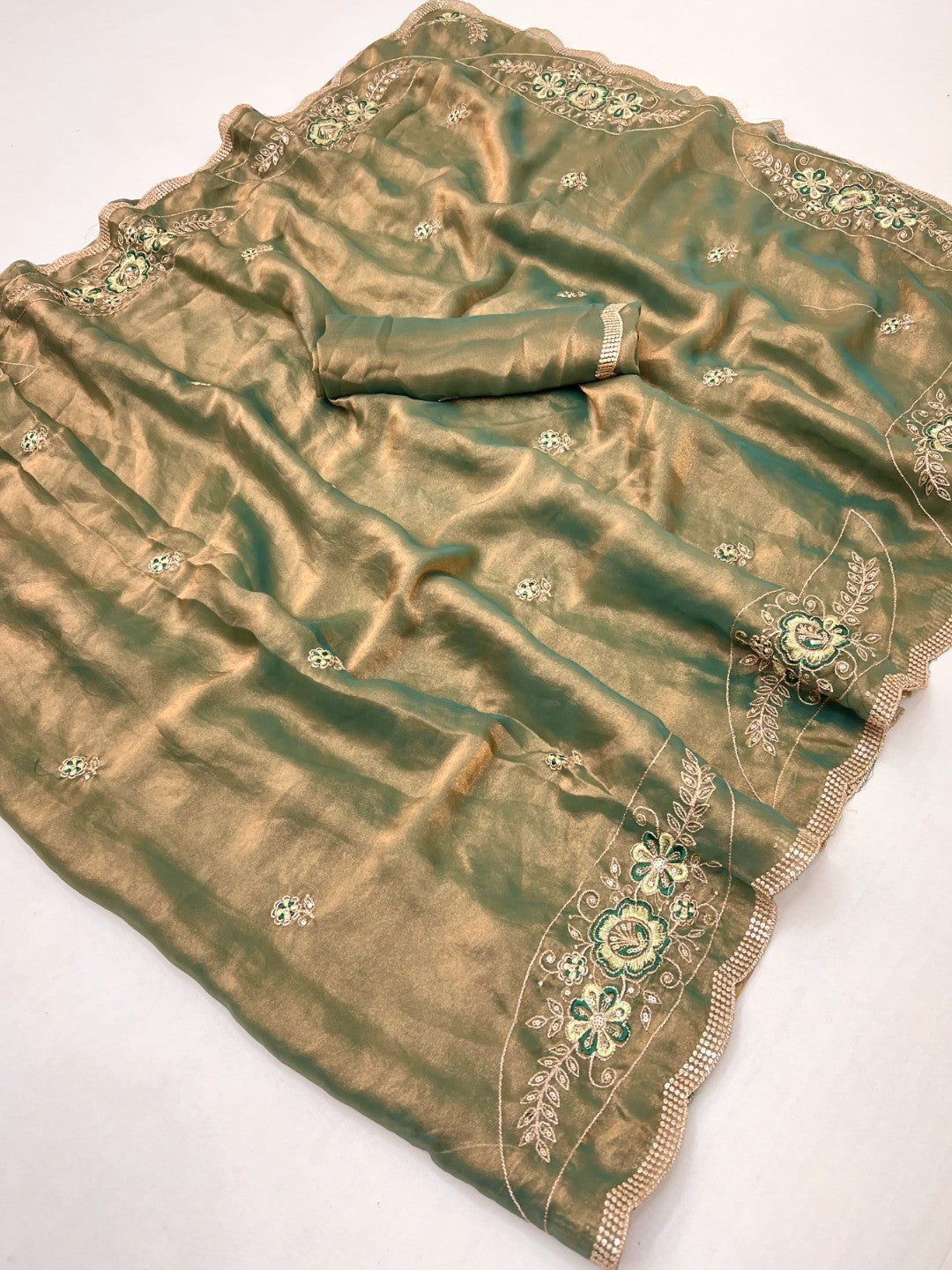 Luxurious Green Floral Sequins Embroidered Moss Georgette Saree Accented With Zari Border - Image 2