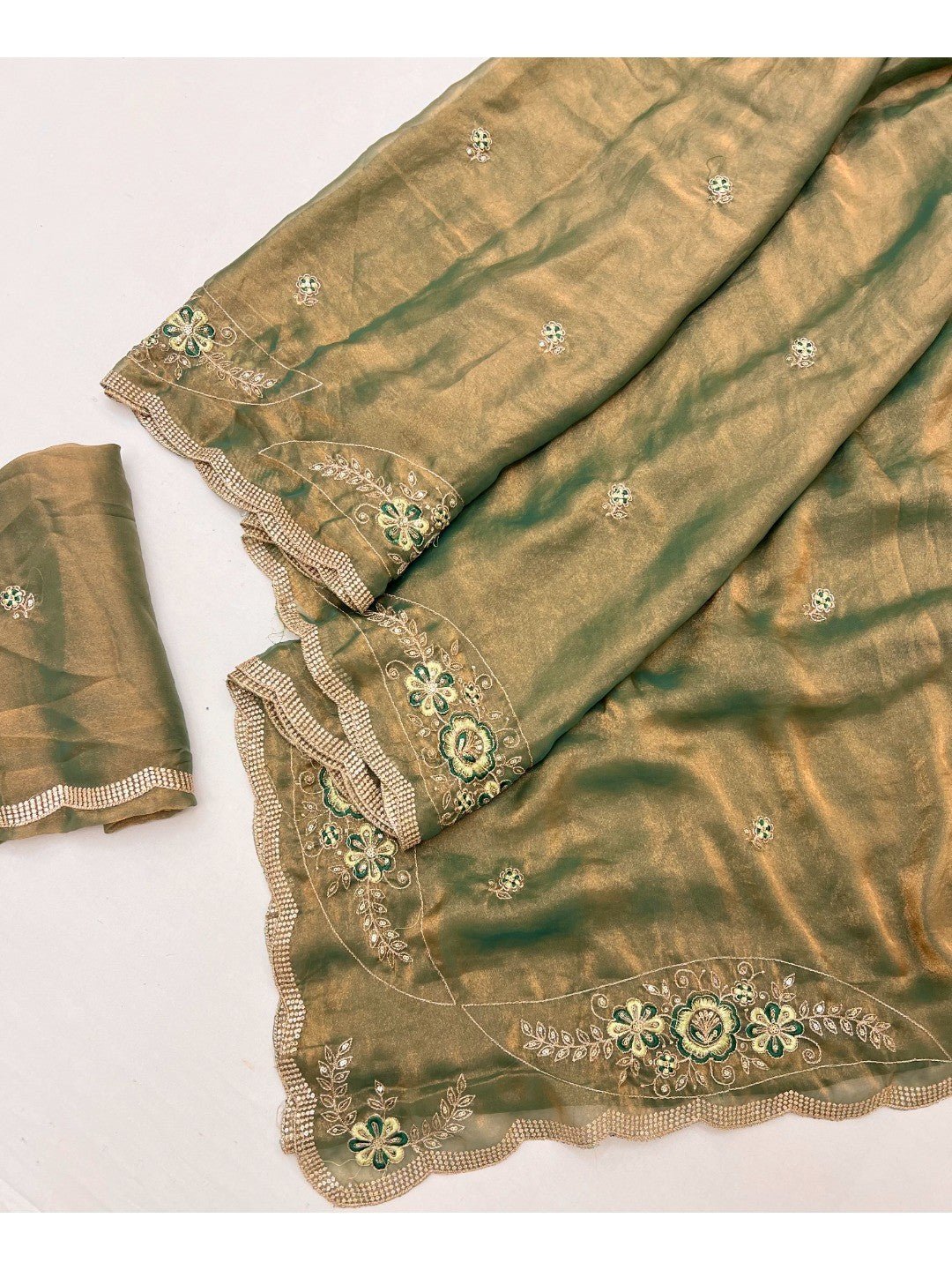 Luxurious Green Floral Sequins Embroidered Moss Georgette Saree Accented With Zari Border - Image 3