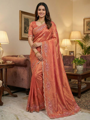 Luxurious Peach Floral Sequins Embroidered Moss Georgette Saree Accented With Zari Border - Image 1