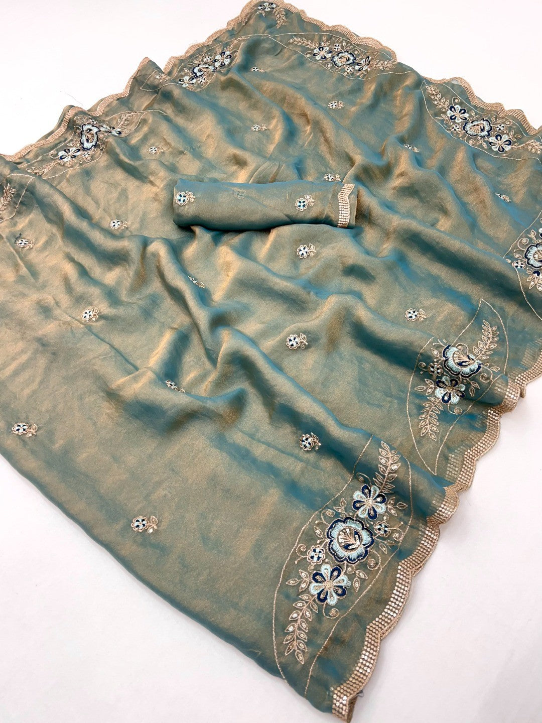 Luxurious Blue Floral Sequins Embroidered Moss Georgette Saree Accented With Zari Border - Image 2
