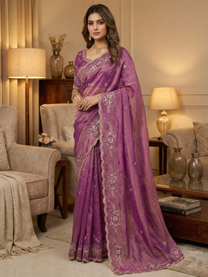 Luxurious Purple Floral Sequins Embroidered Moss Georgette Saree Accented With Zari Border - Image 1