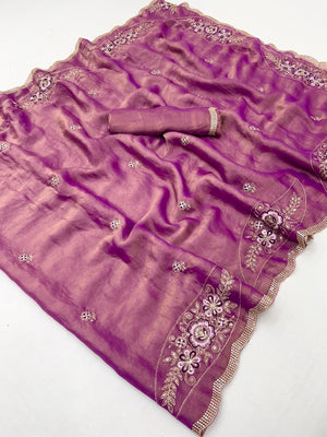 Luxurious Purple Floral Sequins Embroidered Moss Georgette Saree Accented With Zari Border - Image 2