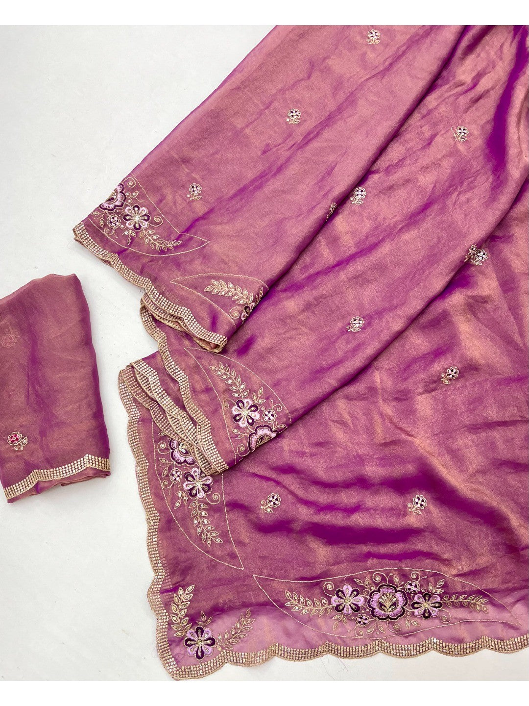 Luxurious Purple Floral Sequins Embroidered Moss Georgette Saree Accented With Zari Border - Image 3