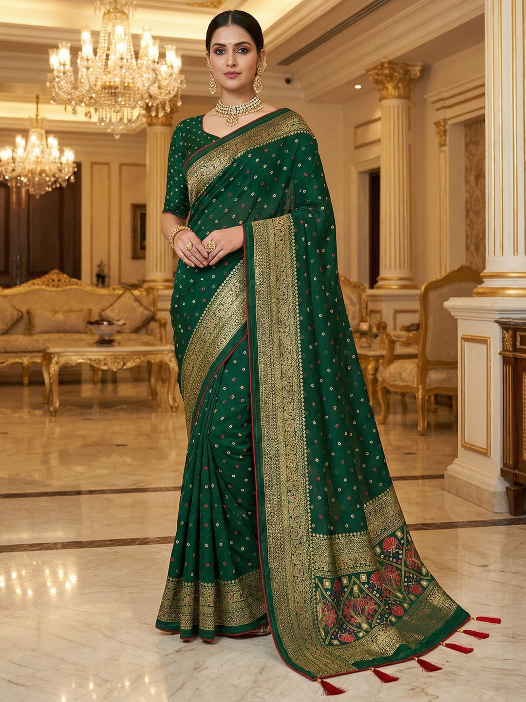 Luxurious Dark Green Bandhani Foil Printed Viscose Saree for Traditional Functions and Parties - Image 1