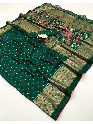 Luxurious Dark Green Bandhani Foil Printed Viscose Saree for Traditional Functions and Parties - Image 2