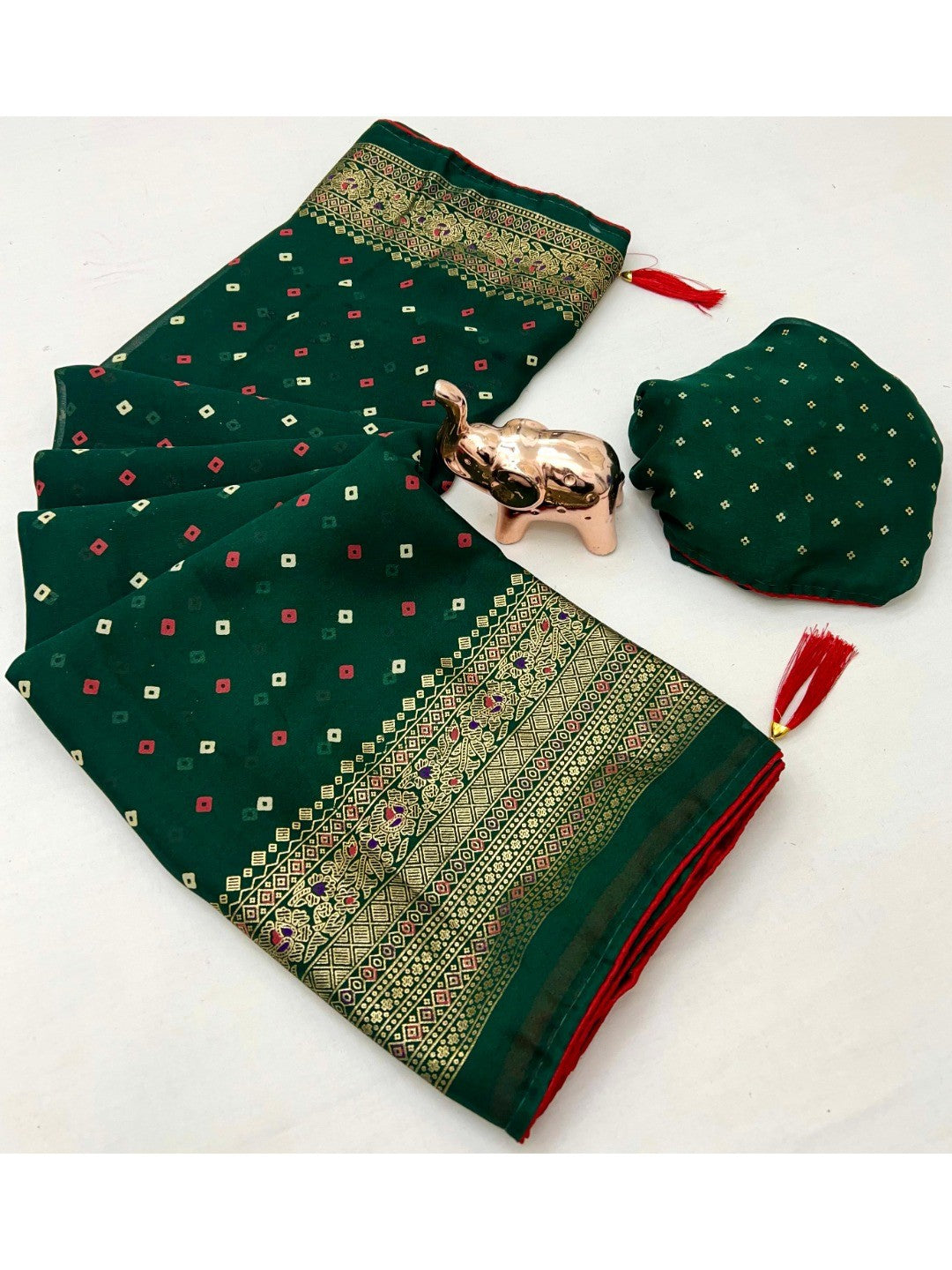 Luxurious Dark Green Bandhani Foil Printed Viscose Saree for Traditional Functions and Parties - Image 3