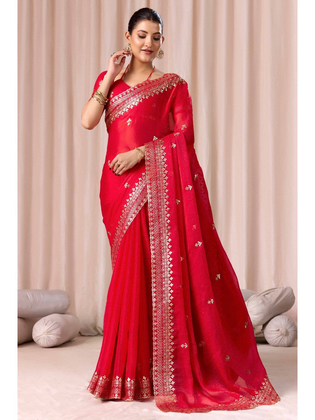 Elegant Red Organza Chiffon Silk Saree with Embroidered Border - Image 3