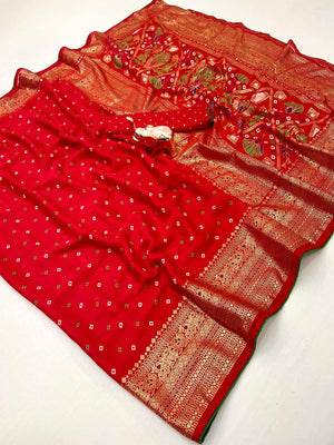 Luxurious Red Bandhani Foil Printed Viscose Saree for Traditional Functions and Parties - Image 2
