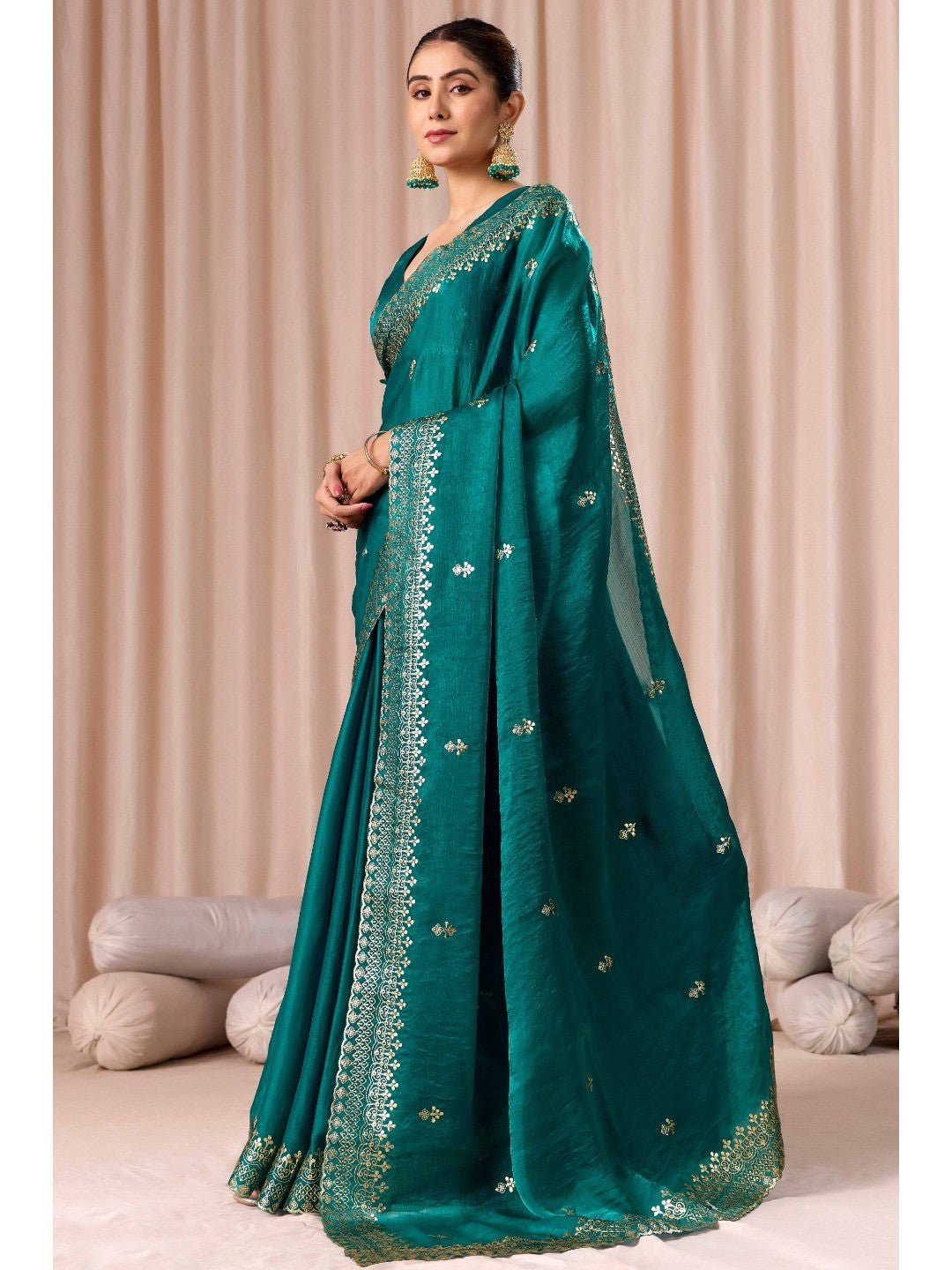 Elegant Teal Green Organza Chiffon Silk Saree with Embroidered Border - Image 2