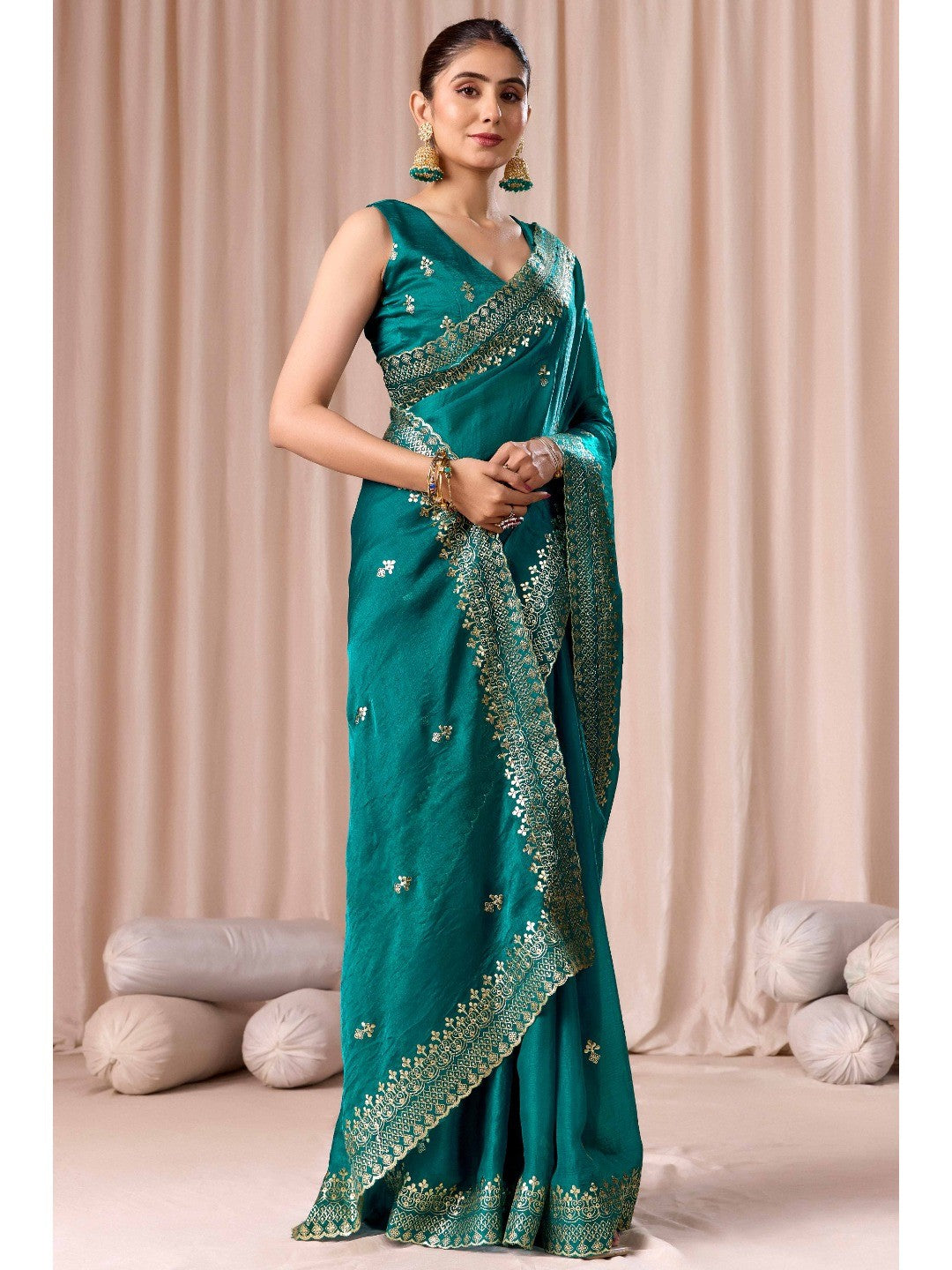 Elegant Teal Green Organza Chiffon Silk Saree with Embroidered Border - Image 3