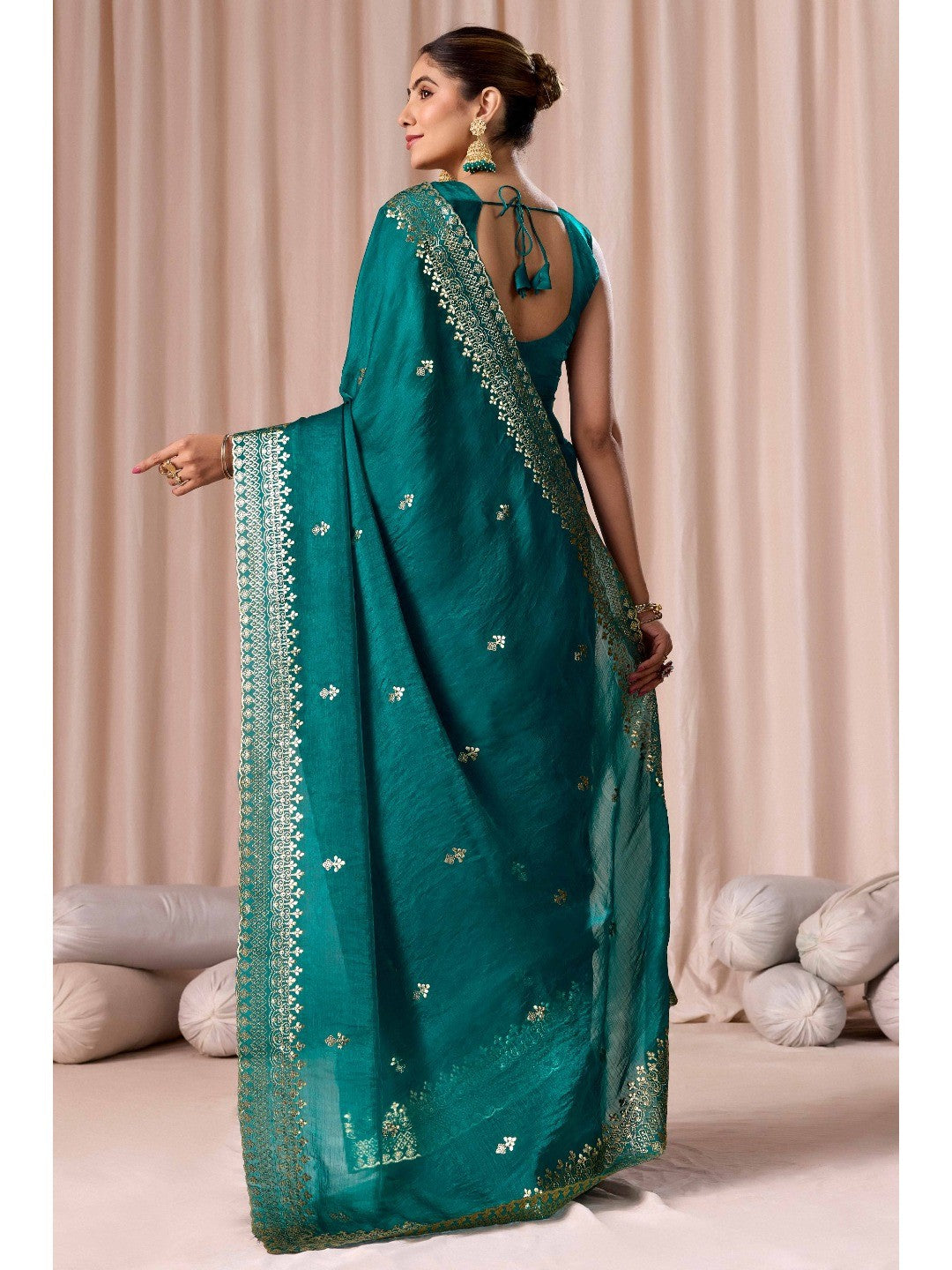 Elegant Teal Green Organza Chiffon Silk Saree with Embroidered Border - Image 7