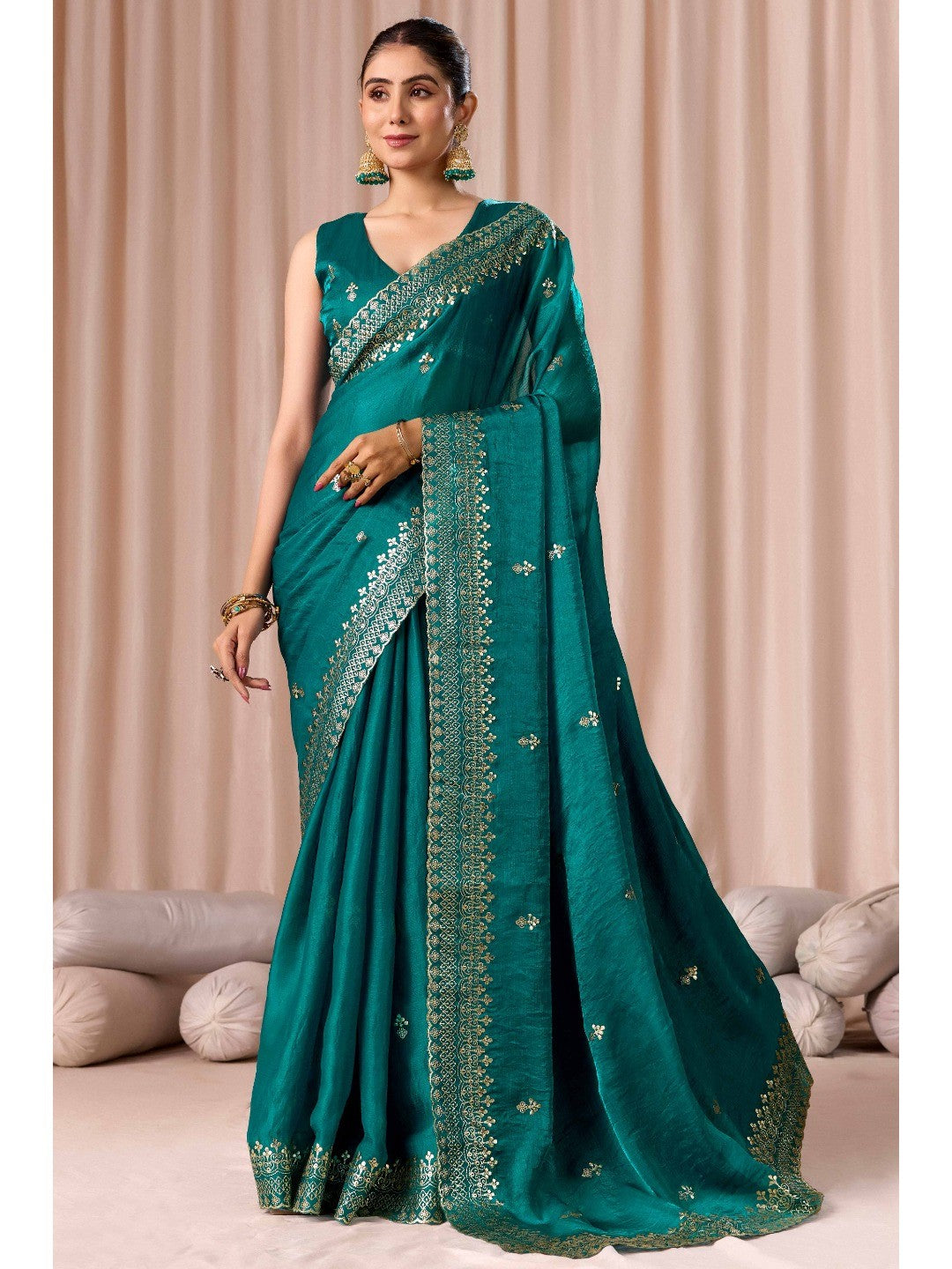 Elegant Teal Green Organza Chiffon Silk Saree with Embroidered Border - Image 8